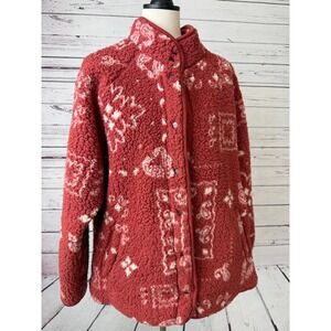 Wrangler Retro Fleece Jacket XL Red Bandana Teddy Fur Sherpa Snap Front Womens